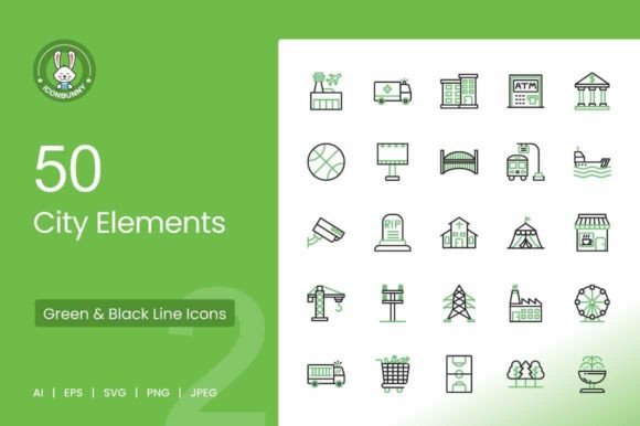50 City Elements Green Black Icons Graphics Review